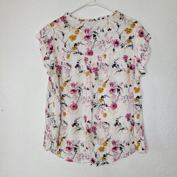 Buffalo David Bitton Size Large White Pink Floral Short Flutter Sleeve Blouse - Picture 5 of 8